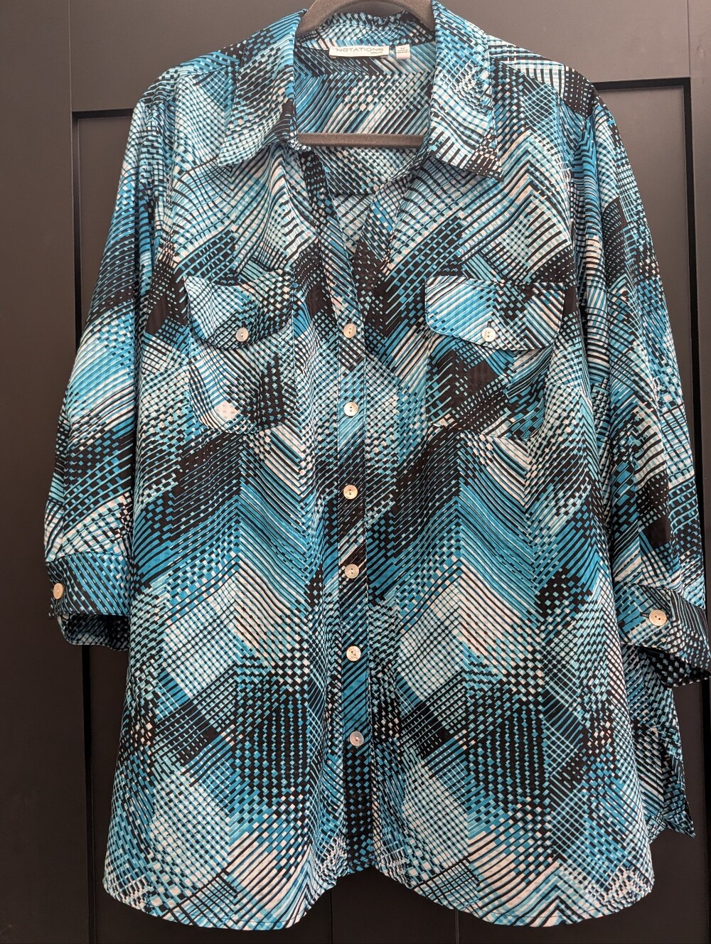 Notations 3X V-neck Button Down Blouse 3/4 Sleeve Blue Black Women's 26-28